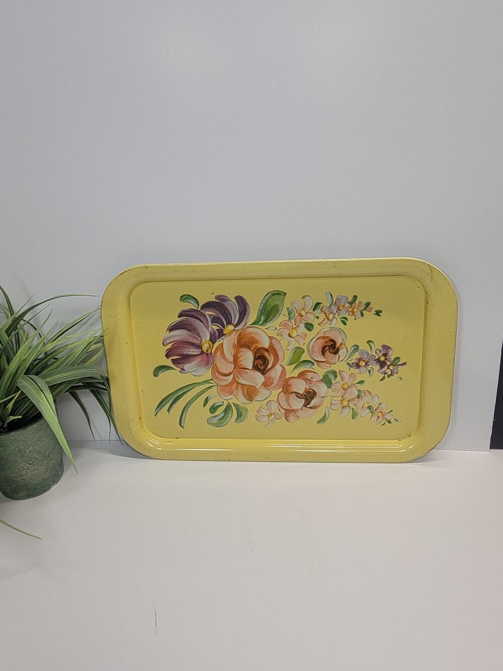 Vintage Yellow Metal Toleware Serving Tray Hand Painted MCM Floral Decor